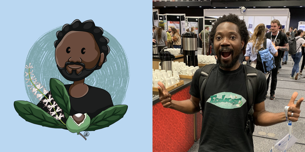 Cartoon portrait of Emmanuel Zuza with a macadamia nut, leaf and flower to celebrate his thesis on the influence of climate change on macadamia farming in Malawi.